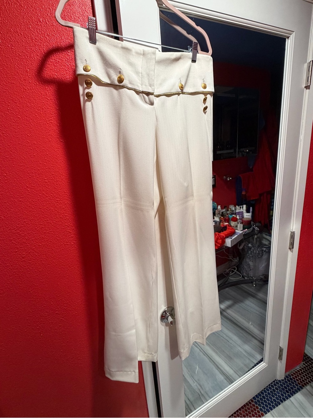 Cache Cream Wide-Leg High-Rise Pants with Gold Buttons